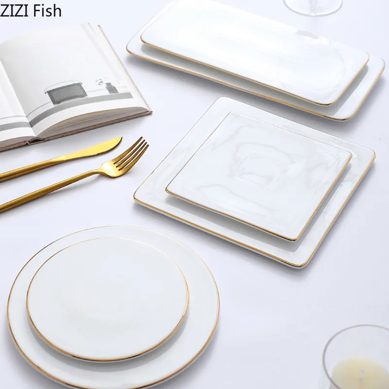 

Golden Edge Ceramic Steak Plate Cake Dessert Sushi Western Plate Minimalist Kitchen Tableware Plate