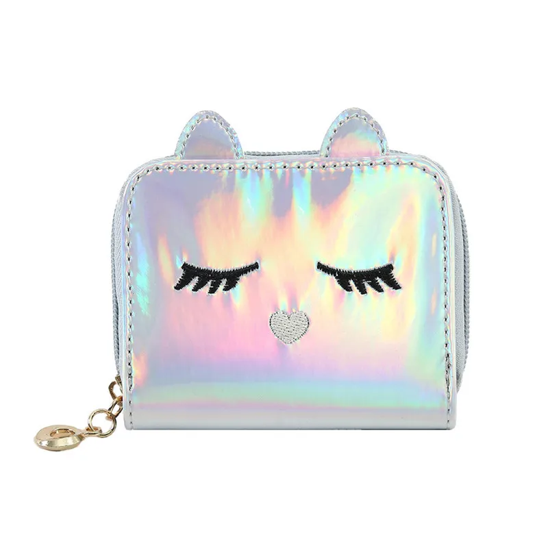 Silver 1pc Fashion Pu Leather Laser Cartoon Cat Coin Purses Hologram Wallets for Women Girls Kids Cute Zipper Card Holder Bag Cat Purse - Цвет: Silver