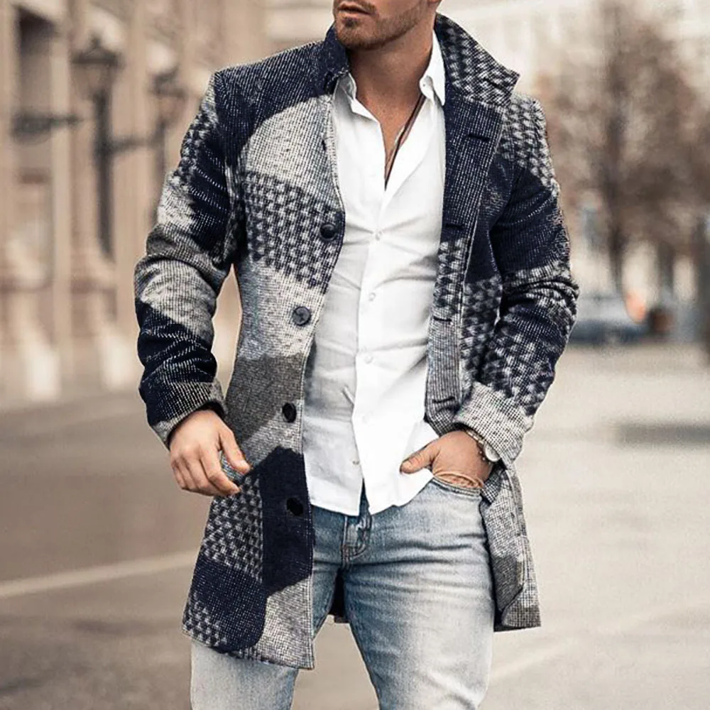 

Men Autumn Long Coat Geometric Color Block Print Button Lapel Fashion Office Winter Jacket 2020 Casual Wool Coats Oversized New
