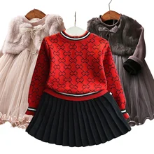 kids Spring and Autumn Wear Girls New Warm Sweater Knitwear+ Pleated Set Baby Plaid Print Knit Sweater Two-Piece Set