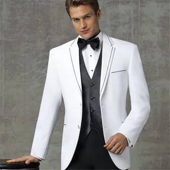 

Terno Masculino Mens Suits (Jacket+Pants+Vest) Arrival White Notched Lapel Wedding Grooms Tuxedos Three Piece Slim Fit Groomsmen