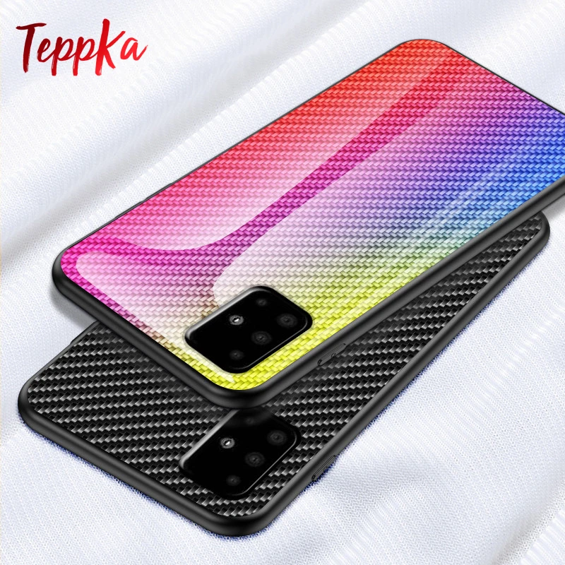 For Samsung Galaxy A51 Case Carbon fiber texture Glass Soft TPU Frame Hard Cover |