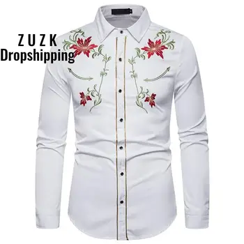 ZUZK Men's White Black Shirt Flower Embroidered Slim Shirt Long Sleeve Buttoned Casual Shirt US SIZE flower embroidered long sleeve ruffled top