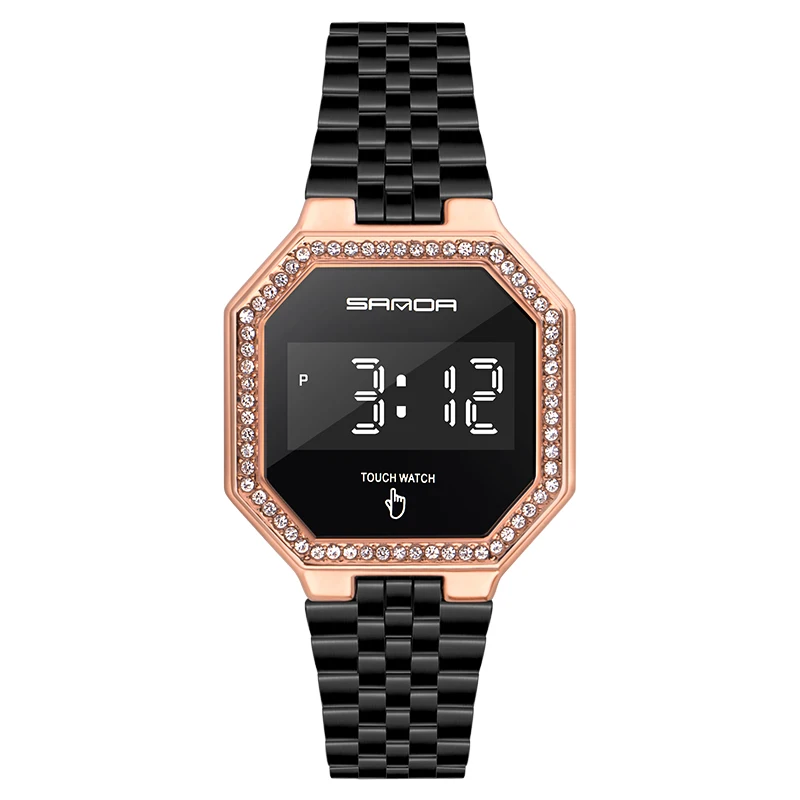 

Digital watch for women LED touch screen electronic watch waterproof stainless steel watch brand rose gold diamond wristwatches