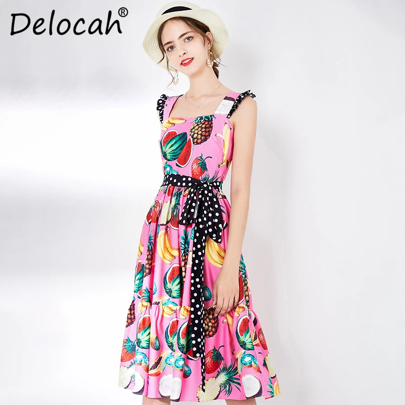 Delocah, весенне-летнее женское платье, подиумное, модное, дизайнерское, с оборками, рукав, в горошек, с фруктовым принтом, элегантное, тонкое, женское, ТРАПЕЦИЕВИДНОЕ ПЛАТЬЕ