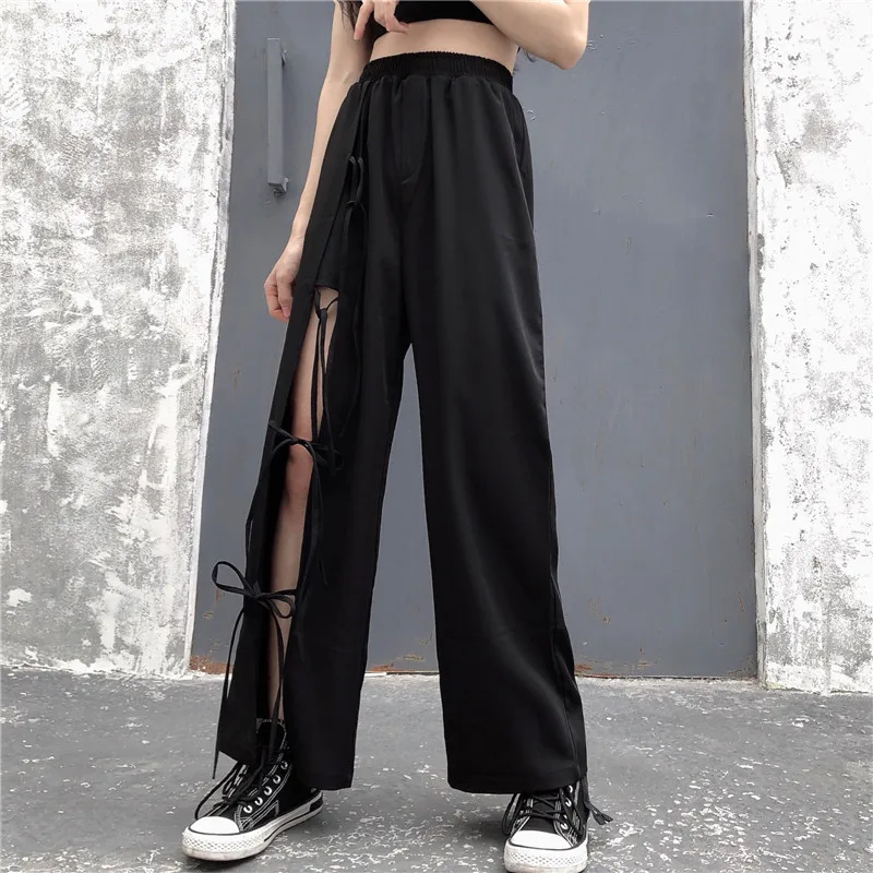Ladies Casual Pants Straight Pants Ripped Pants Summer New Dark Thin Elastic Waist Design Long Fashion Versatile Pants