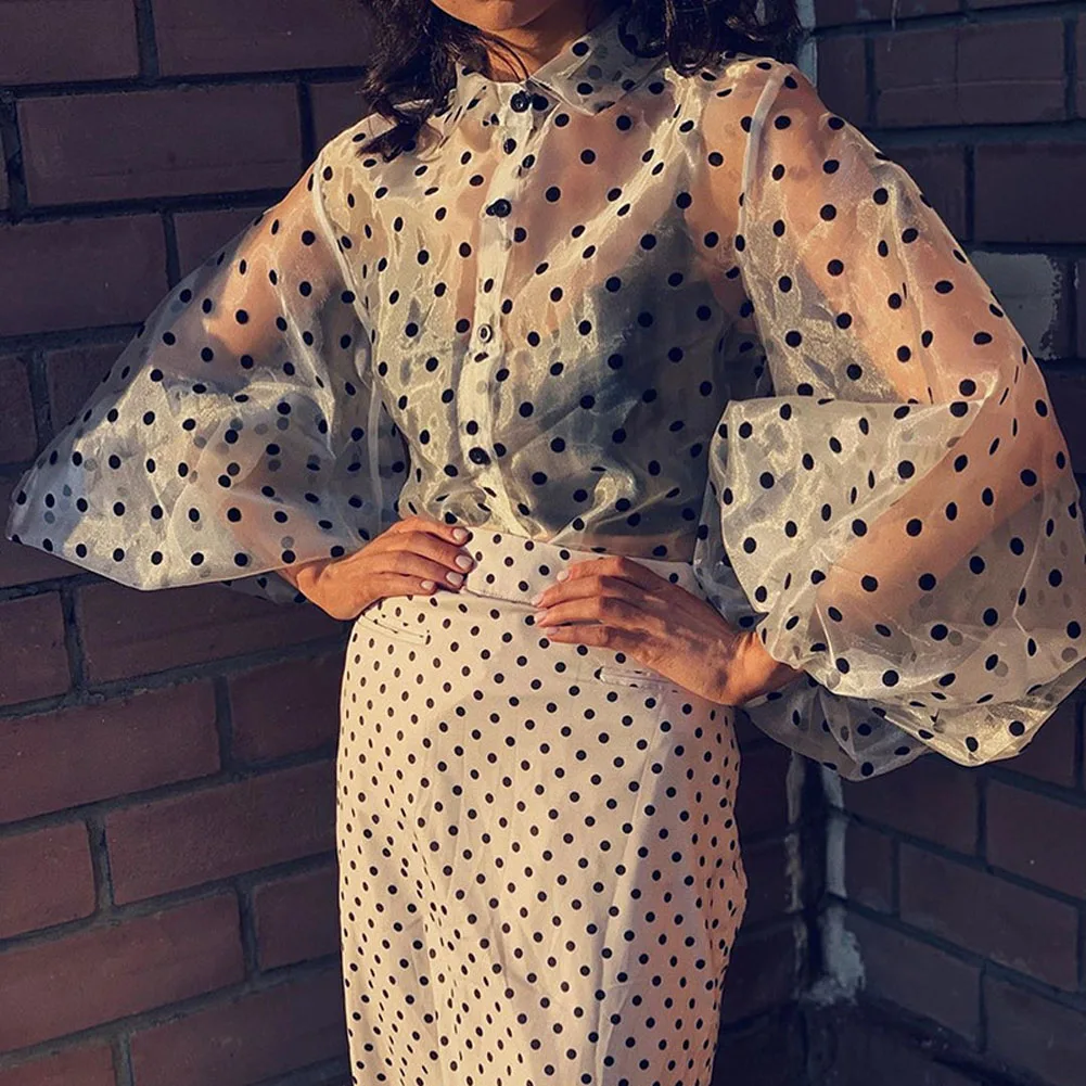 

New 2019 Summer Women Chiffon Blouse Shirt Sexy Transparent Mesh Beading Puff Sleeve Female office Shirts Lady Blusa Outfits
