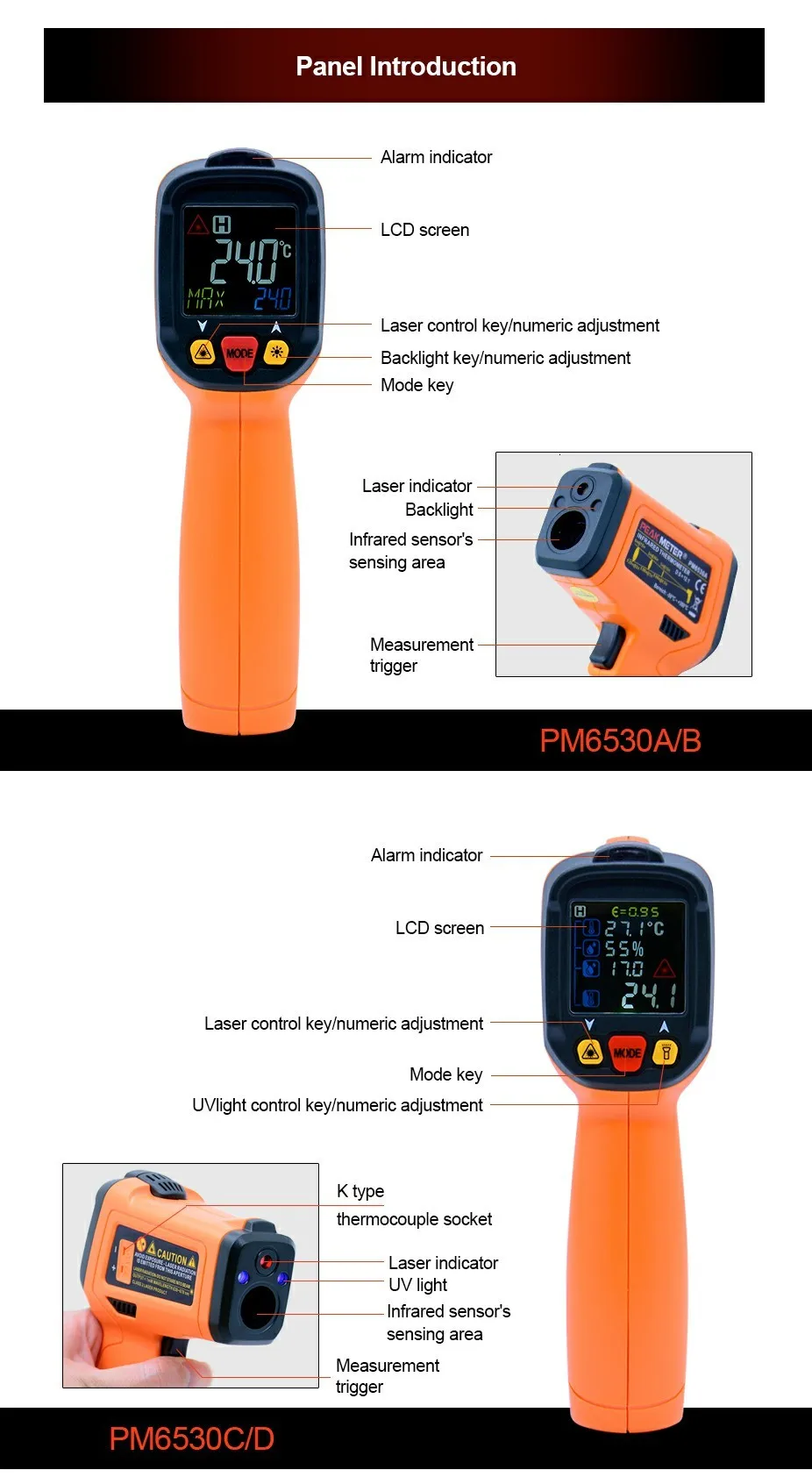 PEAKMETER PM6530 цифровой термометр Бесконтактный ручной инфракрасный термометр цифровой дисплей цветной ЖК-УФ светильник