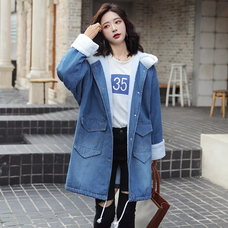 Корейский размера плюс 4XL заплатка "медведь" овечья шерсть джинсовая куртка с капюшоном для женщин зима вышивка однобортное толстое Свободное пальто