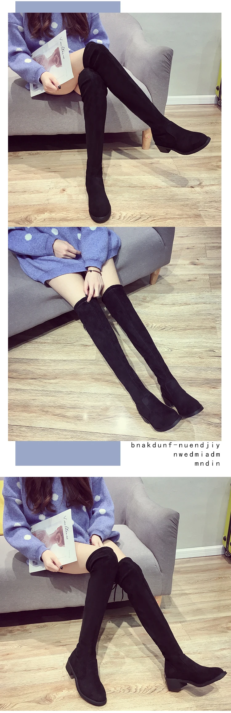 Длинные эластичные носки-трубы bottes femme, узкие ботфорты на толстом каблуке, однотонные зимние сапоги из флока на шнуровке сзади женская обувь