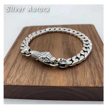 

Real Solid 925 Sterling Silver Bracelet Men 20cm Snake High Polished Rock Thai Silver For Biker Vintage Punk Jewelry