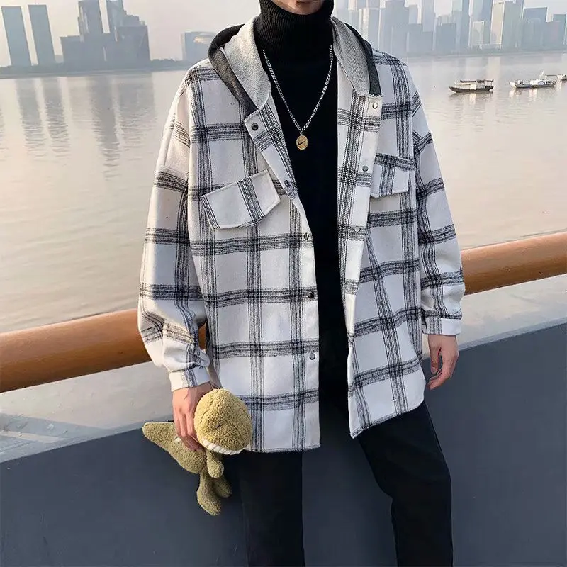 Autumn Tartan Coat Men's Fashion Hit Color Retro Hooded Woolen Jacket Men Streetwear Wild Loose Casual Woolen Coat Mens M-2XL Autumn Tartan Coat Men's Fashion Hit Color Retro Hooded Woolen Jacket Men Streetwear Wild Loose Casual Woolen Coat Mens M-2XL