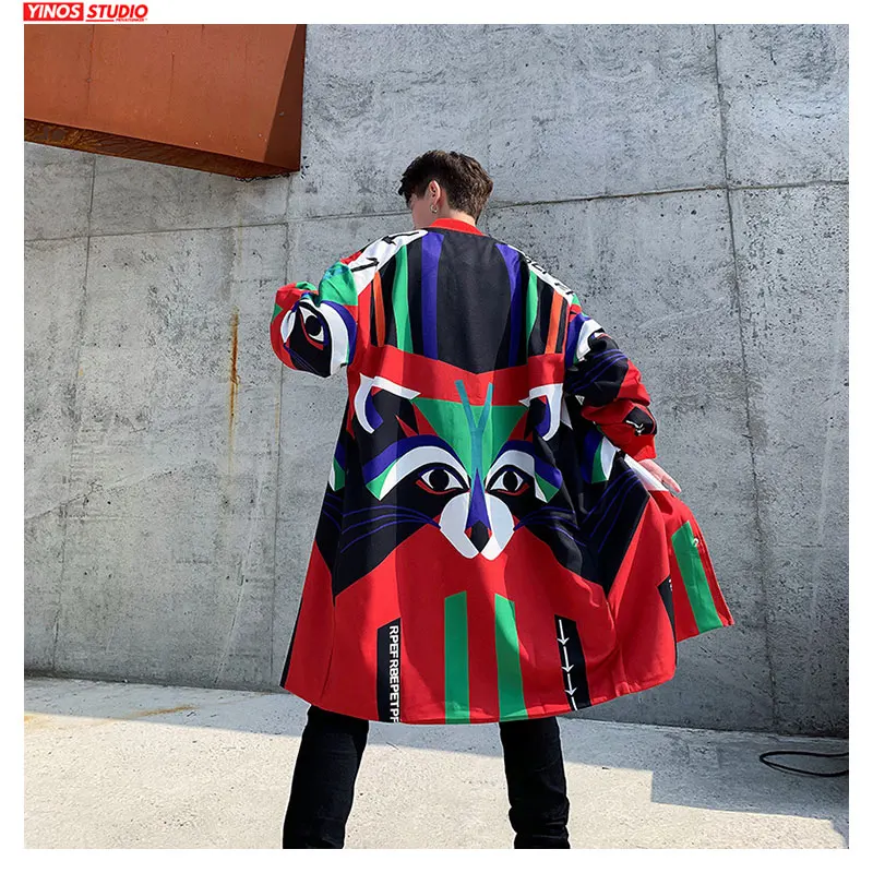 Прямая поставка осенние Удлиненные Пальто Японская уличная одежда Лоскутная мужская куртка-ветровка мешковатый плащ с животным принтом