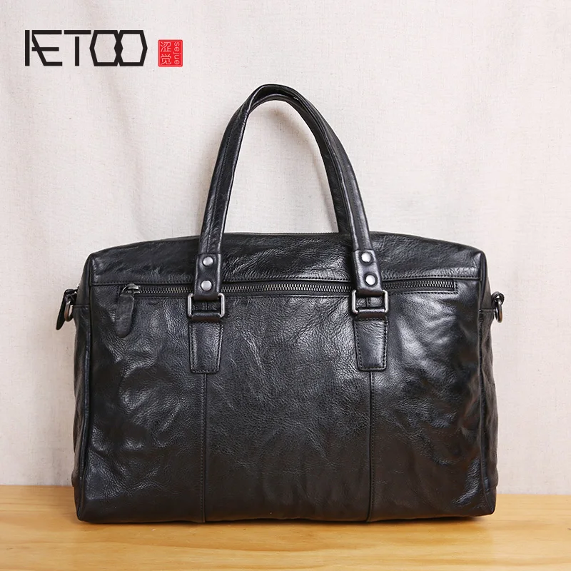 

BJYL Handmade handbags, men's leather vintage briefcases, business casual travel bags, high-capacity leather men's bags