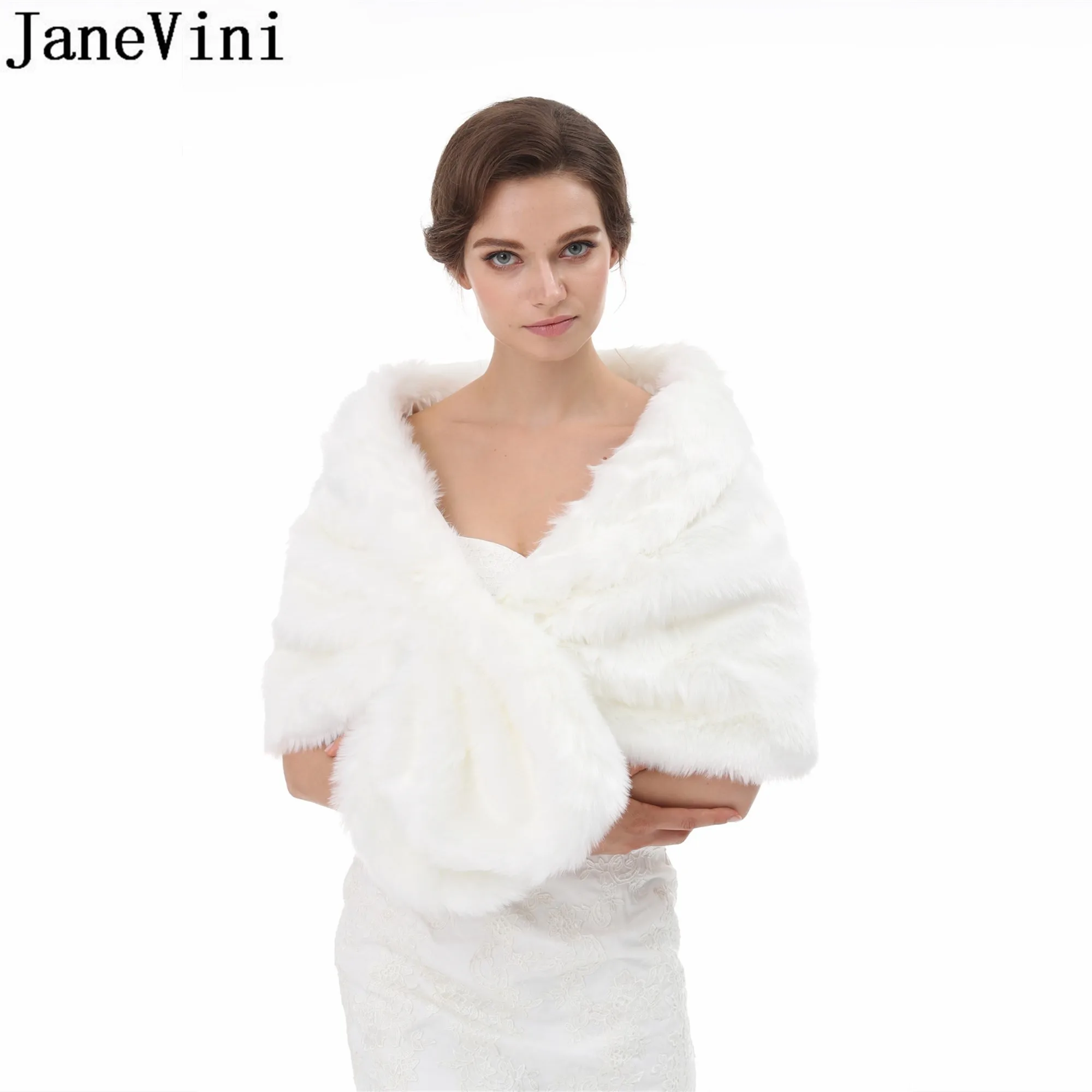 JaneVini White Cloak Fur Bridal Wraps Fourrure Mariage Faux Fur Shawls Women Wedding Capes Warm Navy Blue Black Boleros Jackets