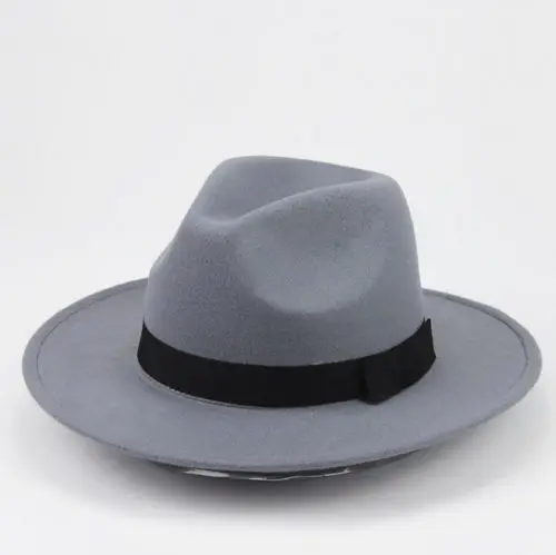 Унисекс шапки для мужчин и женщин из толстой шерсти винтажная фетровая шляпа с широкими полями Панама котелок Трилби Кепка черный серый ковбойская шляпа - Цвет: Серый