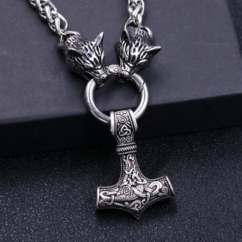 

Men 316L Stainless Steel Never Fade Wolf Head Clip Norse Mythology Viking Amulet Thor Hammer Pendant Necklace Heavy Duty Chain