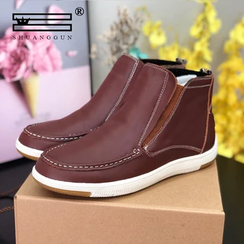 

SHUANGGUN Men's snow boots winter warm wool sheepskin men's ankle boots leather short boots