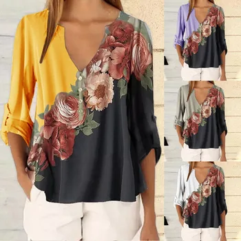 

Womens Sexy Tops 3/4 Bell Sleeve V Neck Floral Print Loose Tops Shirt Blouses