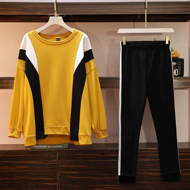 Большой плюс размер 5XL женский спортивный костюм футболка+ эластичные штаны комплект из двух предметов Топ и штаны, спортивный костюм, комплект одежды - Цвет: Black Yellow