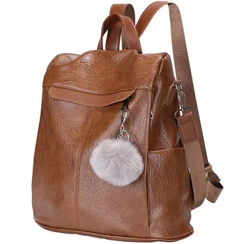 

Fashion Women Leather Backpack With Plush Ball Ladies Retro Travel Backpacks Female Girl Shoulder Schoolbag Large Capacity