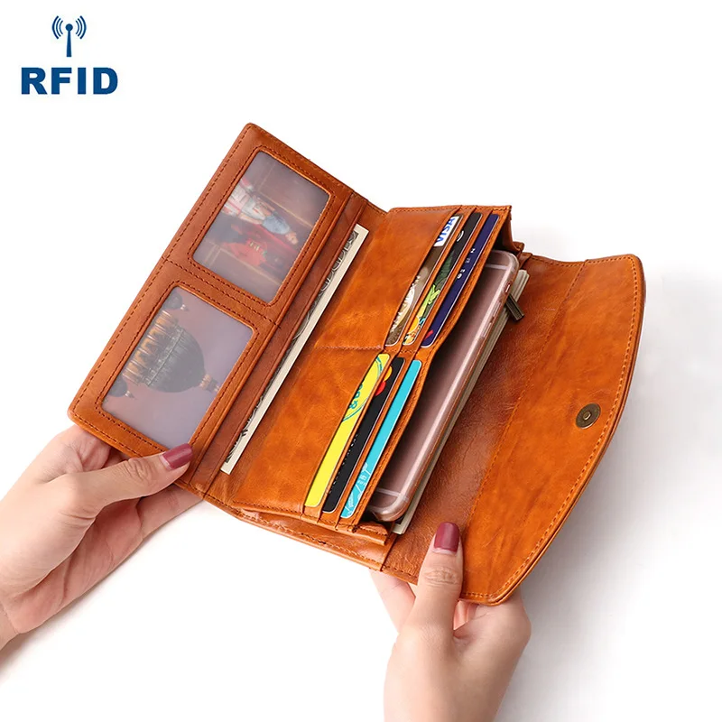 

Multi-functional Long Women's Wallet Leather Wallet RFID Card Bit More Clutch Retro Korean-style Mobile Phone Bag