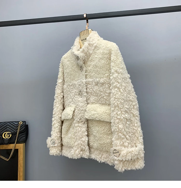 Sheep Sheared Jackets Winter Women Female Real Lamb Fur Single Breasted Coat New Calorie Roll Stand Collar Streetwear