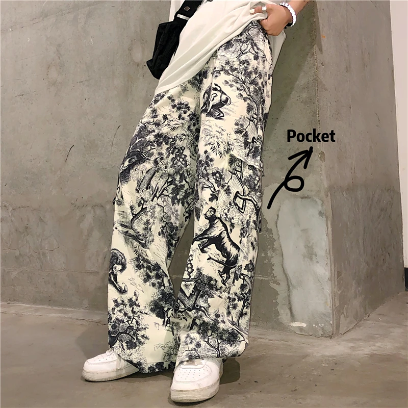 Летние спортивные штаны в стиле хип-хоп с винтажным принтом в стиле Харадзюку, свободные брюки-карго с карманами и завязками на талии, уличная одежда в Корейском стиле, брюки в стиле панк