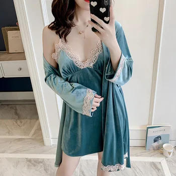 

Female Lounge Velour Sleepwear Intimate Lingerie 2PCS Nightgown Kimono Bathrobe Gown Lace Homewear Women Twinset Robe Set