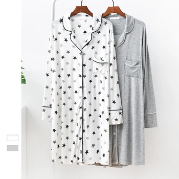 Pijama cómodo de algodón para mujer, ropa de primavera y otoño, de manga larga con solapa, para el hogar