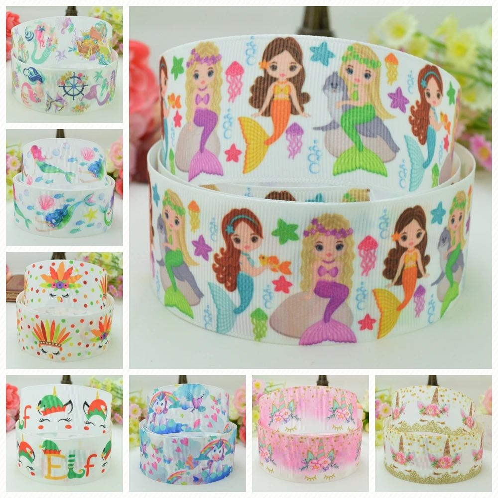 1.5&quot 38mm 2 5 10 50 Yards Unicorn face Mermaid Rainbow Printed grosgrain ribbon hair bow DIY handmade Retail |