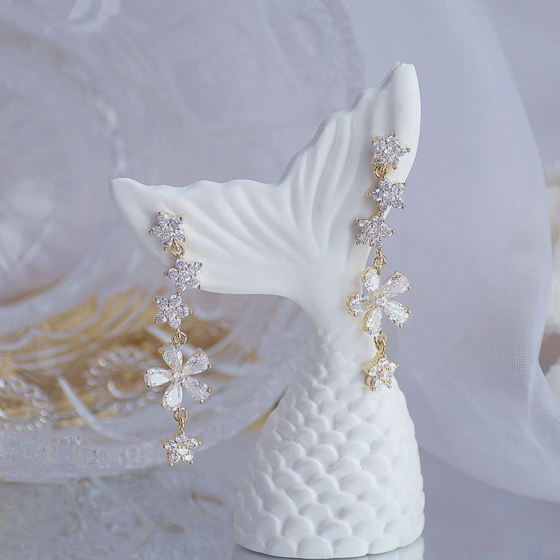 Romantic Sweet Long Design Fower Women Earrings Bling AAA Zironia Stud Earring Wedding Jewelry Pendant Birthday Gift Accessories - Image 5