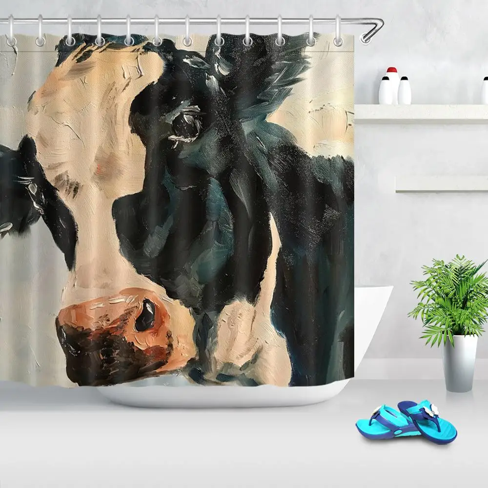 Funny Cow Flower Graffiti Shower Curtain Set Bathroom Wood Board Bath Curtains 