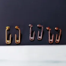 SLJELY Fashion Solid 925 Sterling Silver Gold Color Pink Safety Pin Stud Earrings with Moving Zircon Stone Women Brand Jewelry