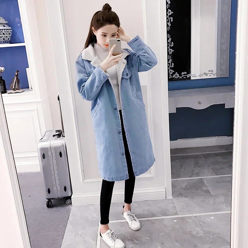 Light Blue Осенне-зимнее джинсовое пальто из овечьей шерсти Женская Толстая джинсовая куртка женские теплые винтажные свободные джинсовые куртки и пальто Длинная Верхняя одежда - Цвет: Light Blue