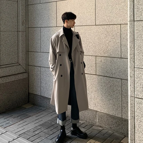 2023 봄 트렌치 한국 남성 패션 오버코트, 긴 바람막이 스트리트웨어, 남성 코트, 겉옷 의류, 신제품 4