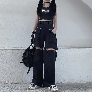 QWEEK Techwear Gothic Black Cargo Pants Women Streetwear Hollow Out Punk Wide Leg Oversize Pockets Trousers For Female Hip Hop 1
