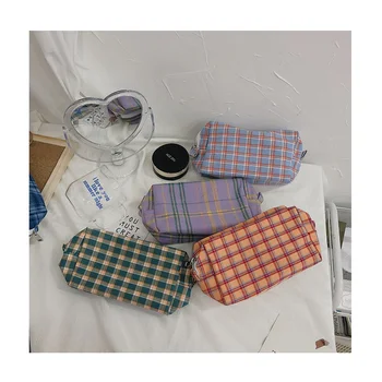 

Grandma Style Pencil Bag Pen Case INS Color Check Lattice Grid Fold Storage Pouch for Stationery Make Up Travel School F6136