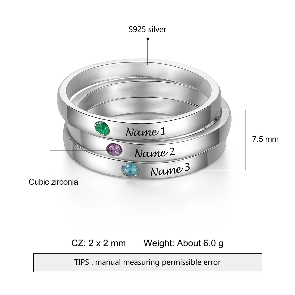 JewelOra персонализированные штабелируемые именные кольца с камнем из стерлингового серебра 925 пробы Индивидуальные Кольца с гравировкой для женщин ювелирные украшения
