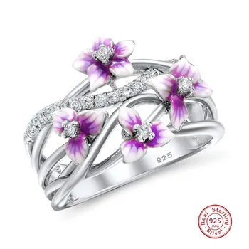 Authentic 925 Sterling Silver Stackable Violet Drop Glue Ring Daisies Flower Zircon Finger Rings for Women Jewelry Gift Bijoux