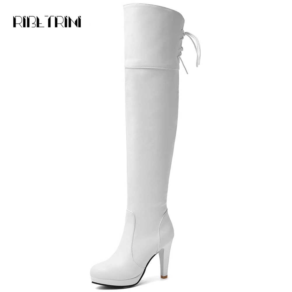

RIBETRINI High Heel Boots Over The Knee Boots 2019 Black White Round Toe Platform Boots Autumn Winter Shoes Woman Big Size 32-48