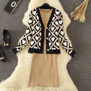 

Autumn light mature suit knit sweater sweater coat women cardigan mid-length over-the-knee bottoming dress two-piece