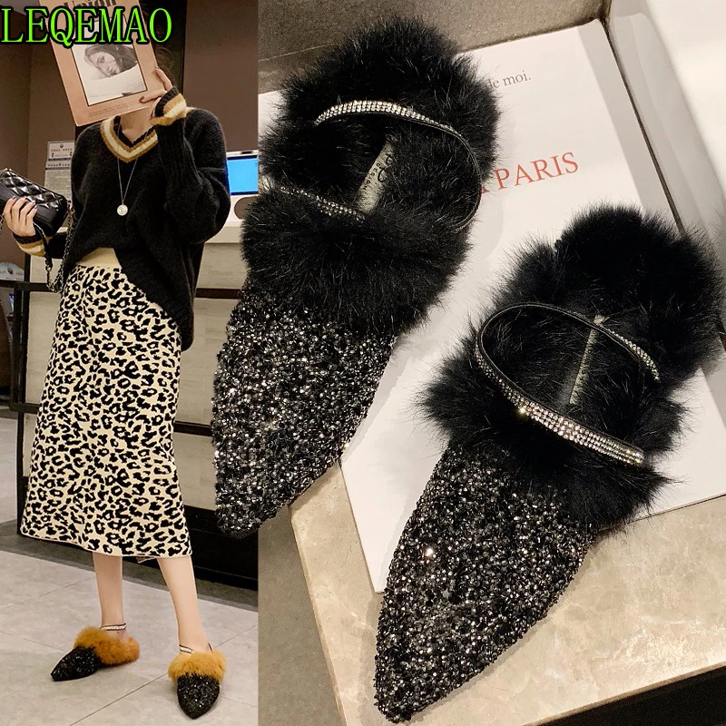 

Sexy Pointed Toe Mules Ladies Shoes Short Plush Slippers Women Plush Warm Winter Slides Fluffy Furry Slippers
