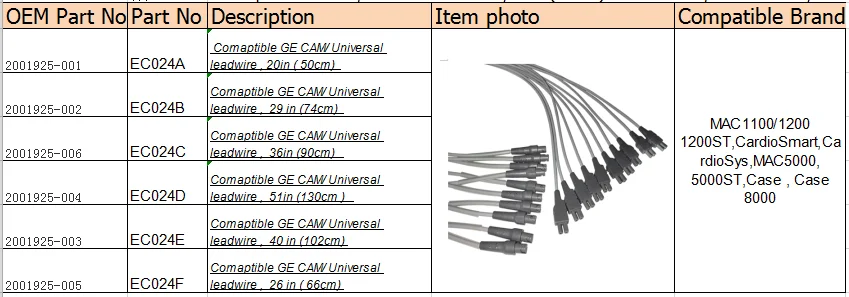 Comaptible GE CAM/Универсальный leadwire, 20 дюймов(50 см) для MAC1100/1200 1200ST, CardioSmart, CardioSys, MAC5000, 5000ST, Case, Case