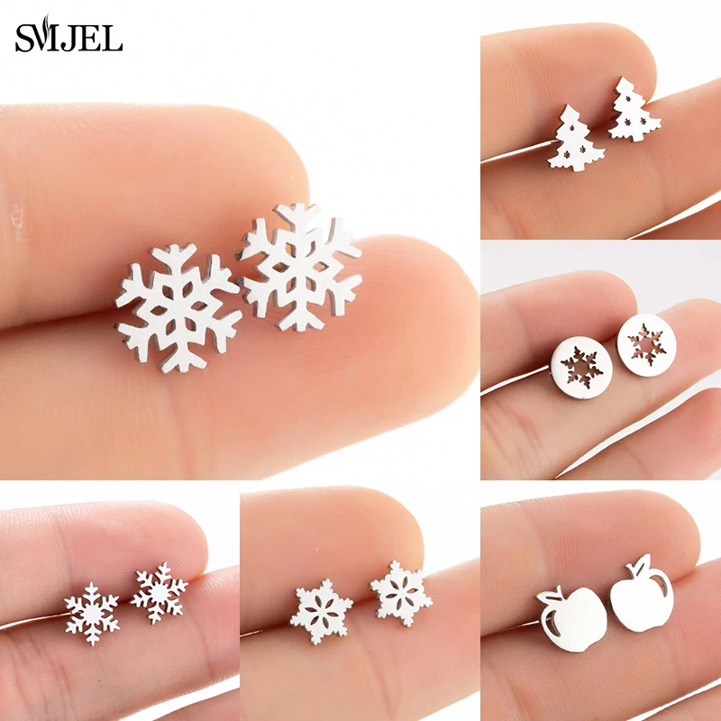 SMJEL Winzige Edelstahl-Schneeflocken-Ohrringe für Mädchen, Cartoon-Apfel-Weihnachtsbaum-Ohrringe, Heiligabend-Schmuck, Weihnachtsgeschenk
