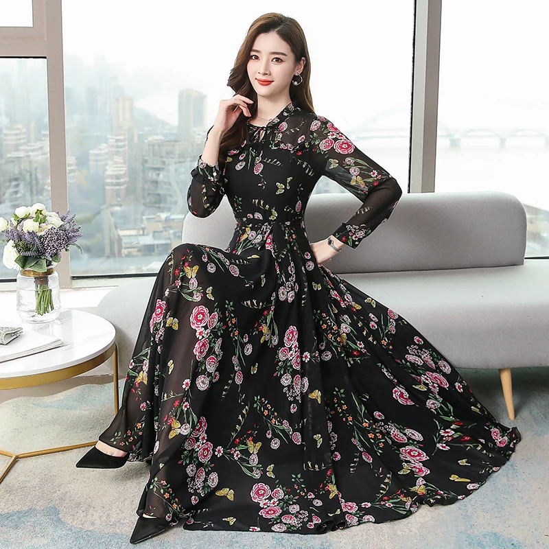 Women's Long Sleeve Broken Flower Print Chiffon Dress - Party and Casual Pink Dresses image 3