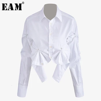 

[EAM] Women White Asymmetrical Pleated Blouse New Lapel Long Sleeve Loose Fit Shirt Fashion Tide Spring Autumn 2020 1N0620
