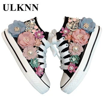 

ULKNN Children Canvas Shoes Baby Girls Casual Sneakers Kids Footwear High Top Flower Rhinestone Non-Slip Autumn 2020
