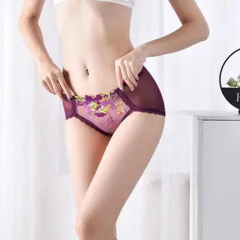 

3 pcs transparent sexy women underwear mid-waist Ultra-thin panties Gauze embroidery cotton crotch underpants Comfort briefs
