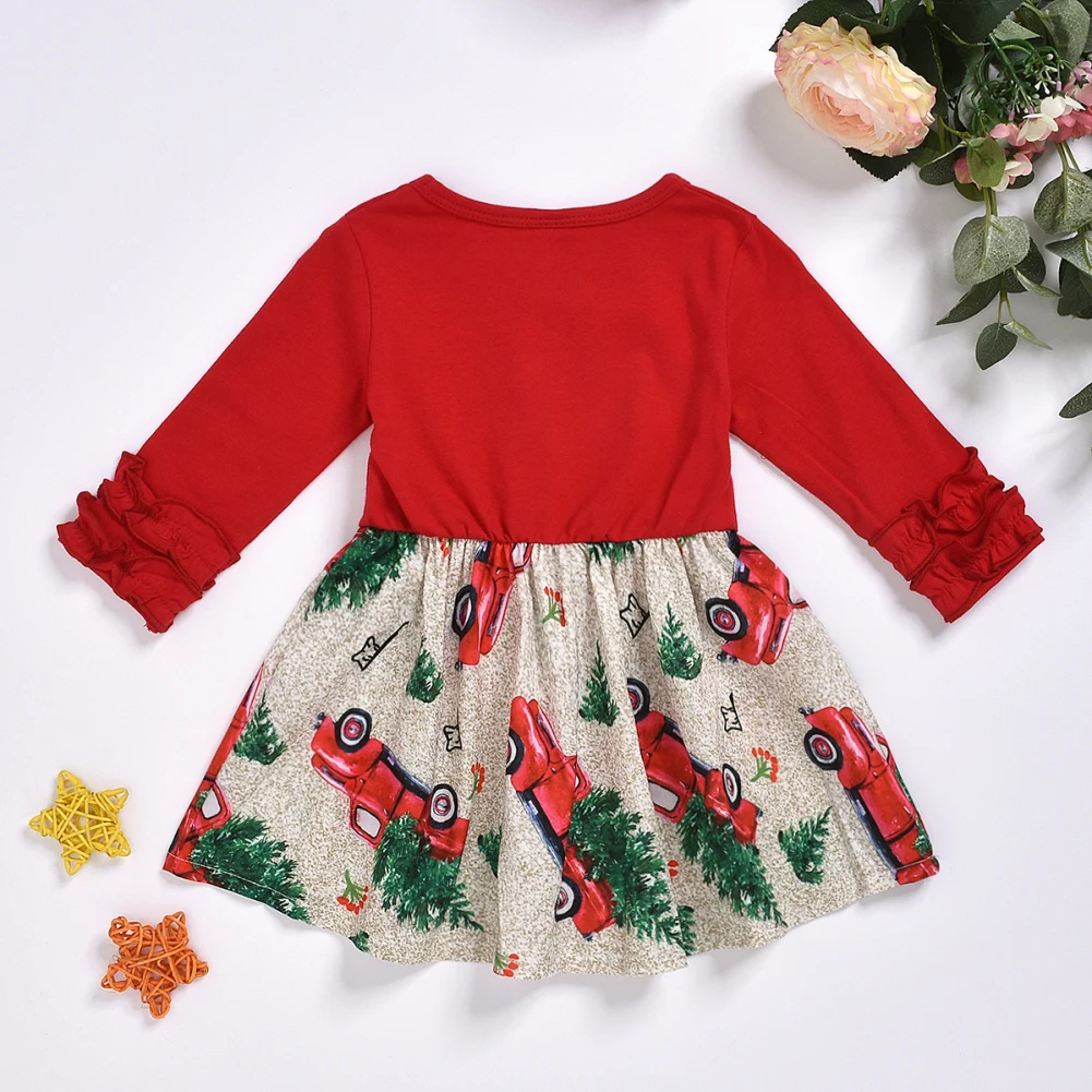Осенне-осеннее рождественское платье для маленьких девочек, рождественское платье-пачка с оборками и принтом машины, одежда с рисунком Кларка